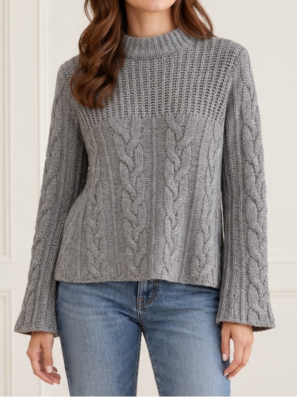 Anthropologie Gray Cable Knit Sweater Size Small Wool Cashmere Alpaca Mock Neck